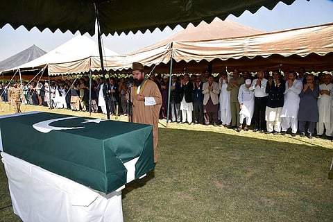 Military officials and others attend the funeral prayer of Pakistan's former President Pervez Musharraf, in Karachi, Pakistan, Tuesday, Feb. 7, 2023. (Photo | AP)