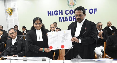 Lawyer Lekshmana Chandra Victoria Gowri sworn in as additional judge of Madras High Court. (Photo | Ashwin Prasath)