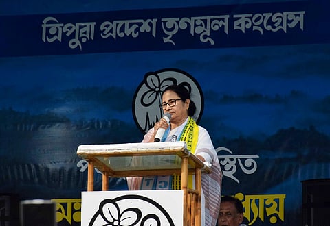 West Bengal Chief Minister and TMC Chief Mamata Banerjee addresses a public meeting for the upcoming Tripura Assembly elections, in Agartala, Feb. 7, 2023. (Photo | ANI)