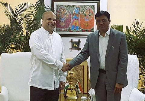 Sri Lanka's High Commissioner to India, Milinda Moragoda (L), meets with Union Health Minister Mansukh Mandaviya, Feb. 8, 2023. (Photo | Twitter)