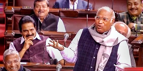Congress MP Mallikarjun Kharge speaks in the Rajya Sabha during Budget Session of Parliaent, in New Delhi (Photo | PTI)