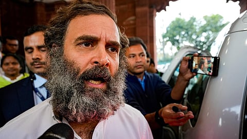 Congress MP Rahul Gandhi talks to the media at Parliament complex during the ongoing Budget Session, in New Delhi, Wednesday, Feb. 8, 2023. (Photo | PTI)