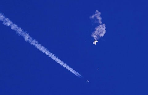 US Air Force fighter aircraft shooting down a suspected Chinese spy balloon off the Carolina coast on February 4, 2023 (Photo | AP)