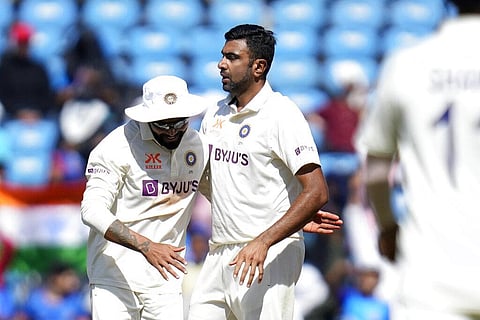 India's Ravichandran Ashwin (R), celebrates the wicket of Australian skipper Pat Cummins during the first day of the first cricket test match in Nagpur, Thursday, Feb. 9, 2023. (Photo | AP)