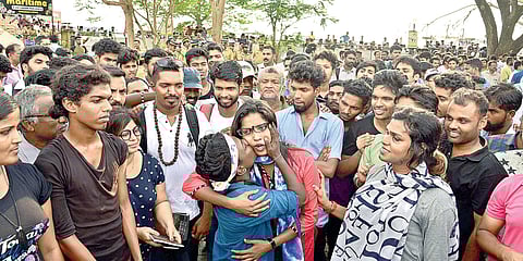 In this 2017 image, the ‘Kiss of Love’ protest organised against moral policing at Marine Drive in Kochi. (Photo | Albin Mathew)