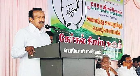 Minister S Muthusamy campaigning for the DMK alliance candidate contesting in Erode East bypoll on Wednesday | Express