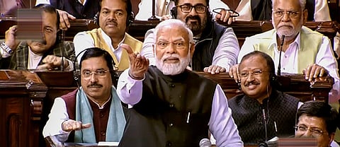 PM Narendra Modi replies to the Motion of Thanks on the President's address in the Rajya Sabha during the Budget Session of Parliament, in New Delhi, Feb. 9, 2023. (Photo | PTI)