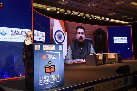 Union education minister Dharmendra Pradhan addresses the 12th edition of ThinkEdu Conclave (Photo | Satish Babu)