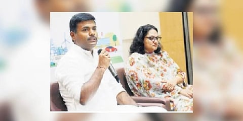 Gudivada Amarnath speaking to media persons