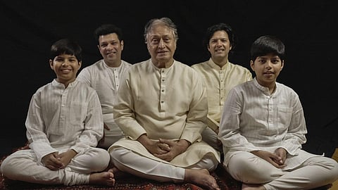 Sarod maestro Ustad Amjad Ali Khan with sons Ayaan Ali Bangash and Amaan Ali Bangash and grandsons Zohaan and Abeer. (Photo | PTI)