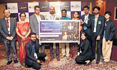 Vellore Institute of Technology vice-president Sekar Viswanathan along with college officials unveiled the posters of the event Vibrance- 2023 at a press meet in Chennai on Tuesday | Ashwin Prasath