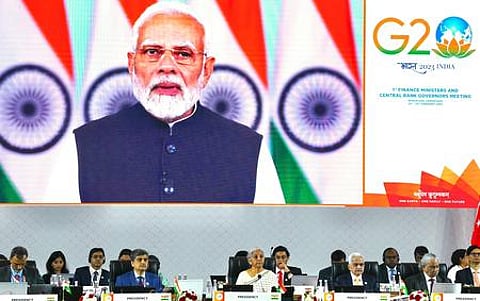 PM Narendra Modi addresses a G20 meeting via video conference. (Photo | Express)