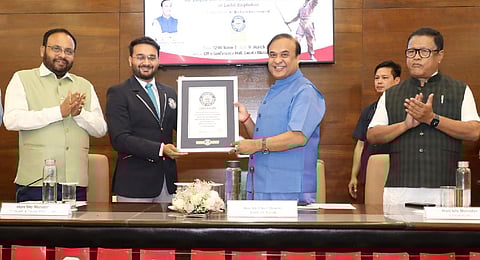 Chief Minister Himanta Biswa Sarma on Thursday received a certificate from the Guinness World Records authorities. (Photo | Himanta Biswa Sarma)