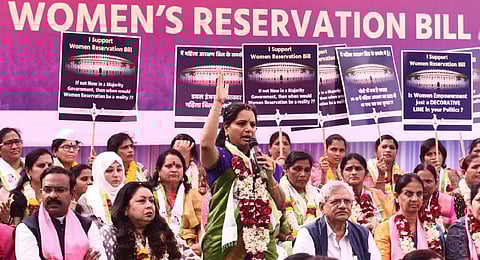 Bharat Rashtra Samithi MLC and BRS leader K Kavitha leads one-day hunger strike in the national capital to seek the introduction of the Women's Reservation Bill. (Photo | Parveen Negi)