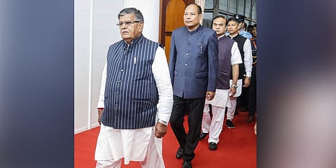 Assam Governor Gulab Chand Kataria with Chief Minister Himanta Biswa Sarma and Assam Legislative Assembly Speaker Biswajit Daimary. (Photo | PTI)