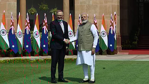 Australian PM Anthony Albanese shakes hand with India's PM Narendra Modi before their meeting at the Hyderabad House in New Delhi, Mar. 10, 2023. (Photo | Shekhar Yadav, EPS)