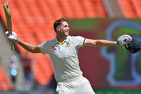 Australia's Cameroon Green celebrates after scoring a hundred during the fourth Test against India in Ahmedabad, Mar. 10, 2023. (Photo | AFP)