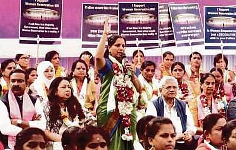 BRS MLC K Kavitha addresses the daylong protest demanding passage of the Women’s Reservation Bill in the ongoing Budget session of Parliament, in New Delhi on Friday