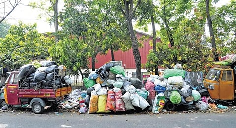 Garbage piled up at the Thammanam-Palarivattom road as waste collection by Kochi corporation was halted for over a week | File pic