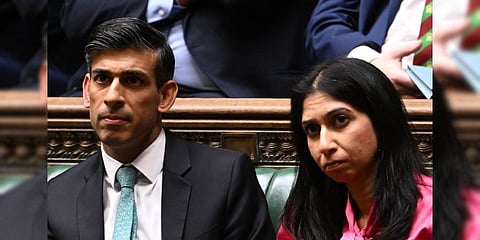 A file photo of Britain's Prime Minister Rishi Sunak (L) sitting next to Home Secretary Suella Braverman at the House of Commons, in London. (Photo | AFP)