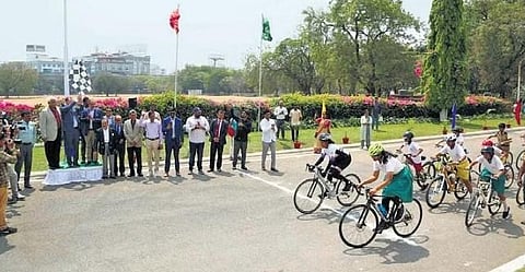 Students of the Hyderabad Public School participate in a cycling competition on Saturday | Express