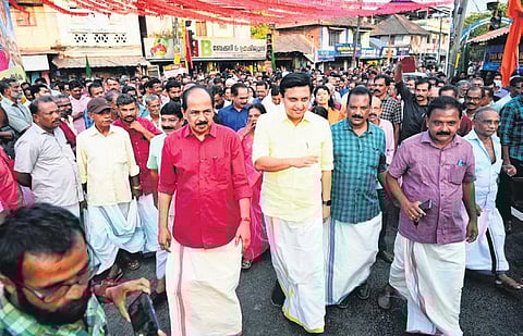 Public Works Minister P A Mohamed Riyas, Food and Civil Supplies Minister G R Anil arriving to inaugurate the bridge at Pazhakutti