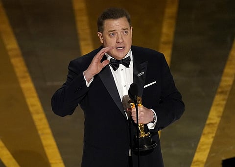 Brendan Fraser accepts the award for best performance by an actor in a leading role for 'The Whale' at the Oscars on Sunday, March 12, 2023. (Photo | AP)