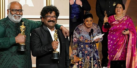 Composer MM Keeravaani (L) and lyricist Chandrabose, Kartiki Gonsalves, Guneet Monga pose during the 95th Annual Academy Awards on March 12. (Photo | AFP)