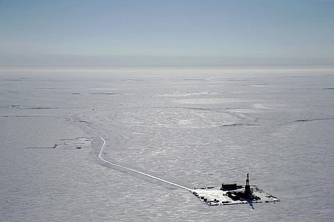 This 2019 aerial photo provided by ConocoPhillips shows an exploratory drilling camp at the proposed site of the Willow oil project on Alaska's North Slope. (File | AP)