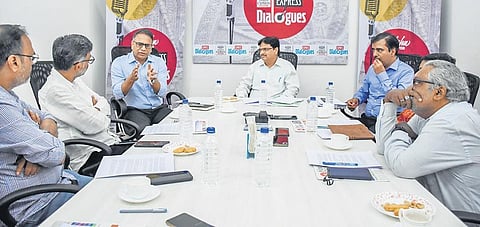 TNIE team with Finance Minister Niranjan Pujari, Finance Secretary Vishal Kumar Dev and Director (Budget) Satya Priya Rath