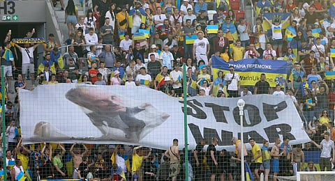 Ukraine supporters unfurl a “Stop War” banner on the stands during the UEFA Nations League soccer match between Ukraine and Armenia, in Lodz, Poland, on June 11, 2022. (File Photo | AP)