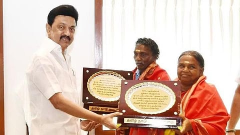 Tamil Nadu Chief Minister MK Stalin felicitated elephant mahout couple Bomman and Bellie after their Oscar win. (Photo | Twitter)