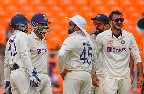 Members of the Indian cricket team celebrate at the end of the fourth test cricket match against Australia, in Ahmedabad, on March 13, 2023. (Photo | PTI)