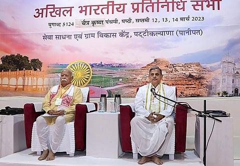 RSS chief Mohan Bhagwat (L) and general secretary Dattatreya Hosabale during Akhil Bharatiya Pratinidhi Sabha, in Panipat, March 12, 2023. (Photo | PTI)