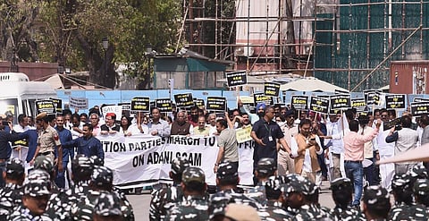 Opposition MPs march from Parliament to ED office to submit a memorandum over Adani issue, in New Delhi on Wednesday, March 15, 2023. (Photo | Parveen Negi, EPS)