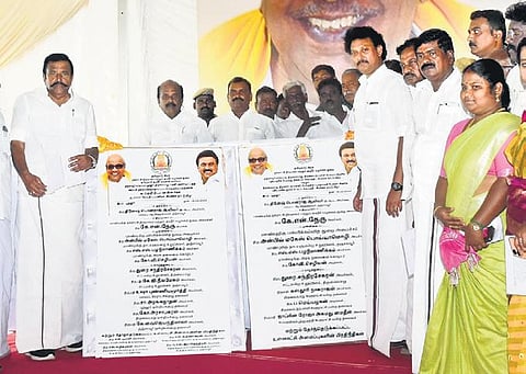 Minister K N Nehru (left) on Wednesday laid the foundation stone for the combined water supply scheme in Thanjavur | Express