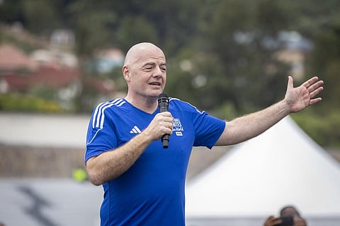 FIFA president Gianni Infantino speaks at a football tournament for delegates to the 73rd FIFA Congress, in Kigali, Rwanda on Wednesday, March 15, 2023. (Photo | AP)