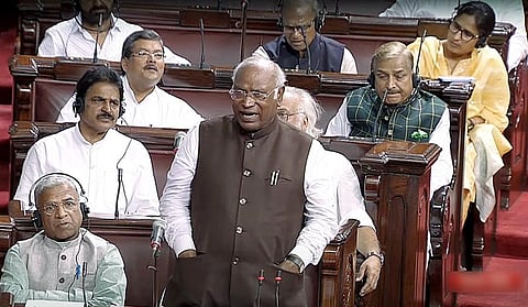 Leader of Opposition in Rajya Sabha, Mallikarjun Kharge speaks during the second phase of the Budget Session of the Parliament, in New Delhi on Wednesday. (Photo | ANI)