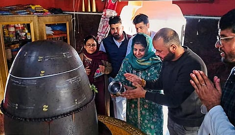 Peoples Democratic Party President Mehbooba Mufti offers prayers at Navagraha temple in Poonch district, on March 15, 2023. (Photo | PTI)