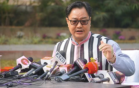 Union Minister Kiren Rijiju addresses a press conference at his residence in New Delhi, Thursday, March 16, 2023. (Photo | PTI)