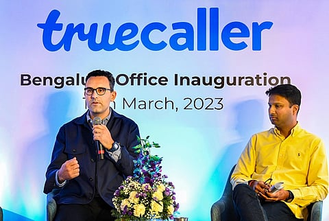 Truecaller CEO & Co-founder Alan Mamedi speaks as Truecaller India MD Rishit Jhunjhunwala looks on during the opening of Truecaller's first office in India, (Photo | PTI)