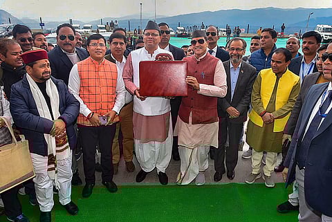 Uttarakhand CM Pushkar Singh Dhami with State Finance Minister Premchand Aggarwal in Gairsain, Wednesday, March 15, 2023. (Photo | PTI)