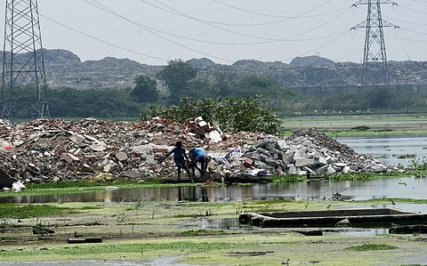 Several acres of the marshland are being reclaimed by realtors at the Pallikaranai Ramsar Site. Tonnes of rubble and debris are being dumped in the water-logged areas. (Photo | Ashwin Prasath)