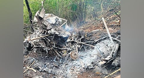 The wreckage of the chopper crash. (Photo| Express)