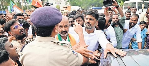 Police take BJP State president Bandi Sanjay into custody during a protest at the Gun Park in Hyderabad on Friday | RVK Rao