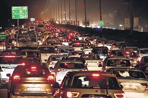 Vehicles stuck in a traffic snarl on Delhi-Gurugram Expressway | PTI