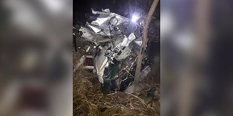 January 2023: In this representational image, wreckage of the trainee plane which crashed into the dome of a temple, in Rewa. (Photo | PTI)