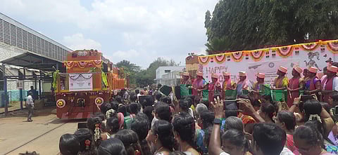Women employees flagging off the 20,000th Broad Gauge wagon from Golden Rock workshop in Tiruchy on Friday. | Express