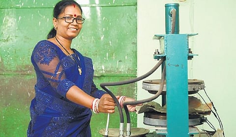 Member of a self-help group making sal leaf plates. (Photo | Express)