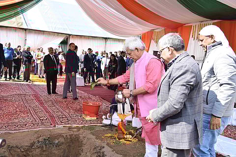 Jammu and Kashmir’s Lieutenant Governor Manoj Sinha Sunday laid the foundation stone for the mall at Sempora area in Srinagar ( Photo | Zahoor Punjabi)
